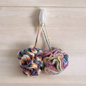 Set of 2 Crochet Pink/Yellow/Blue Eco-Friendly Bath Loofahs with Hanging Loop